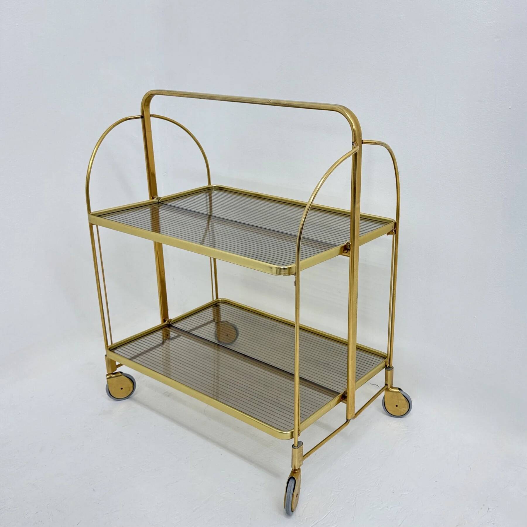 Mid-century modern folding bar cart in brass and ribbed acrylic glass, 1970s