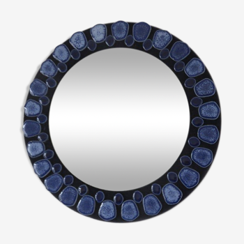 Miroir rond en céramique bleue années 60 70