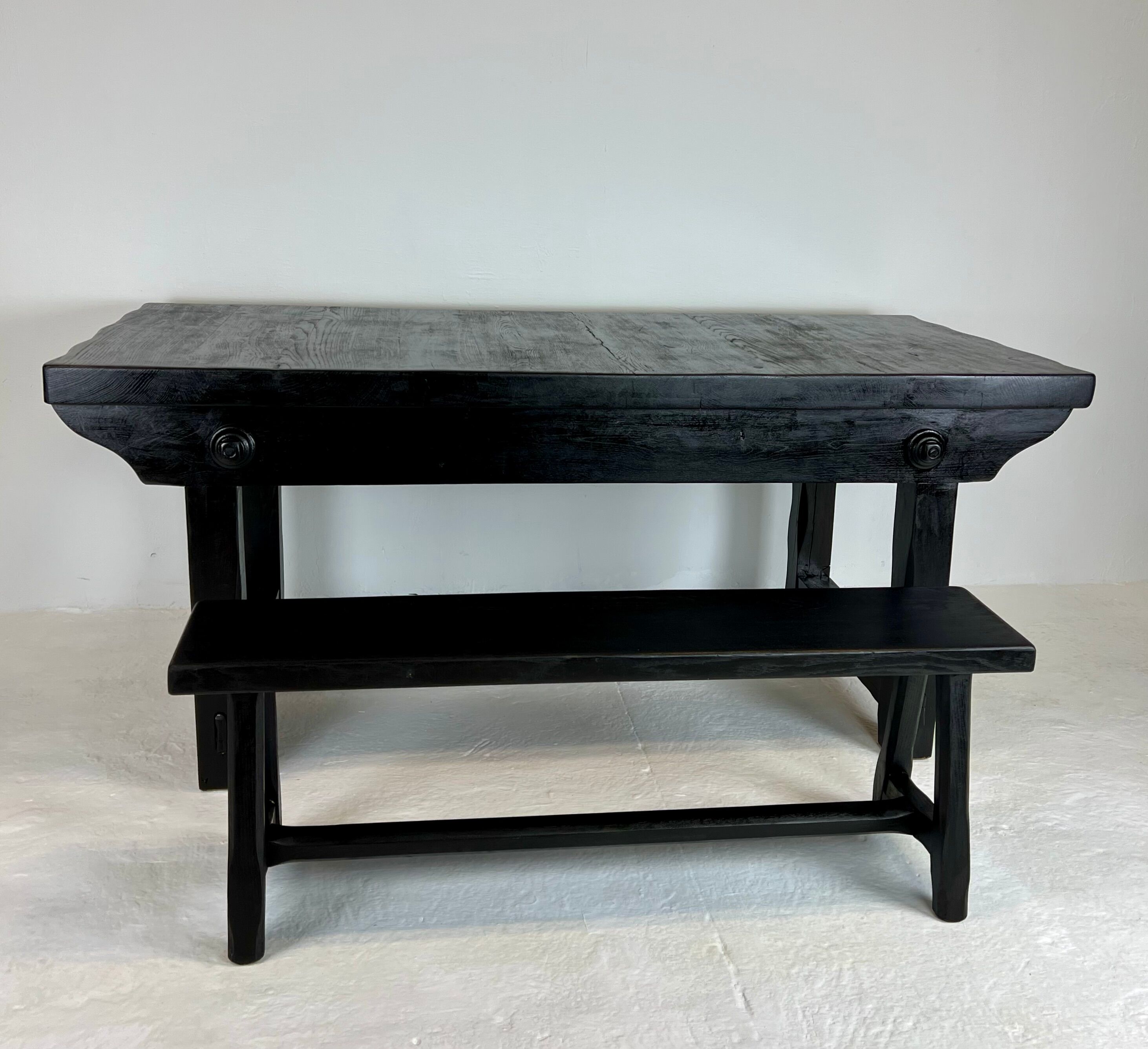 Brutalist elm table Wabi-sabi spirit and its 2 benches