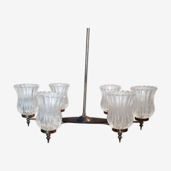 Lustre vintage design moderniste midi century laiton et verre moulé 6 feux