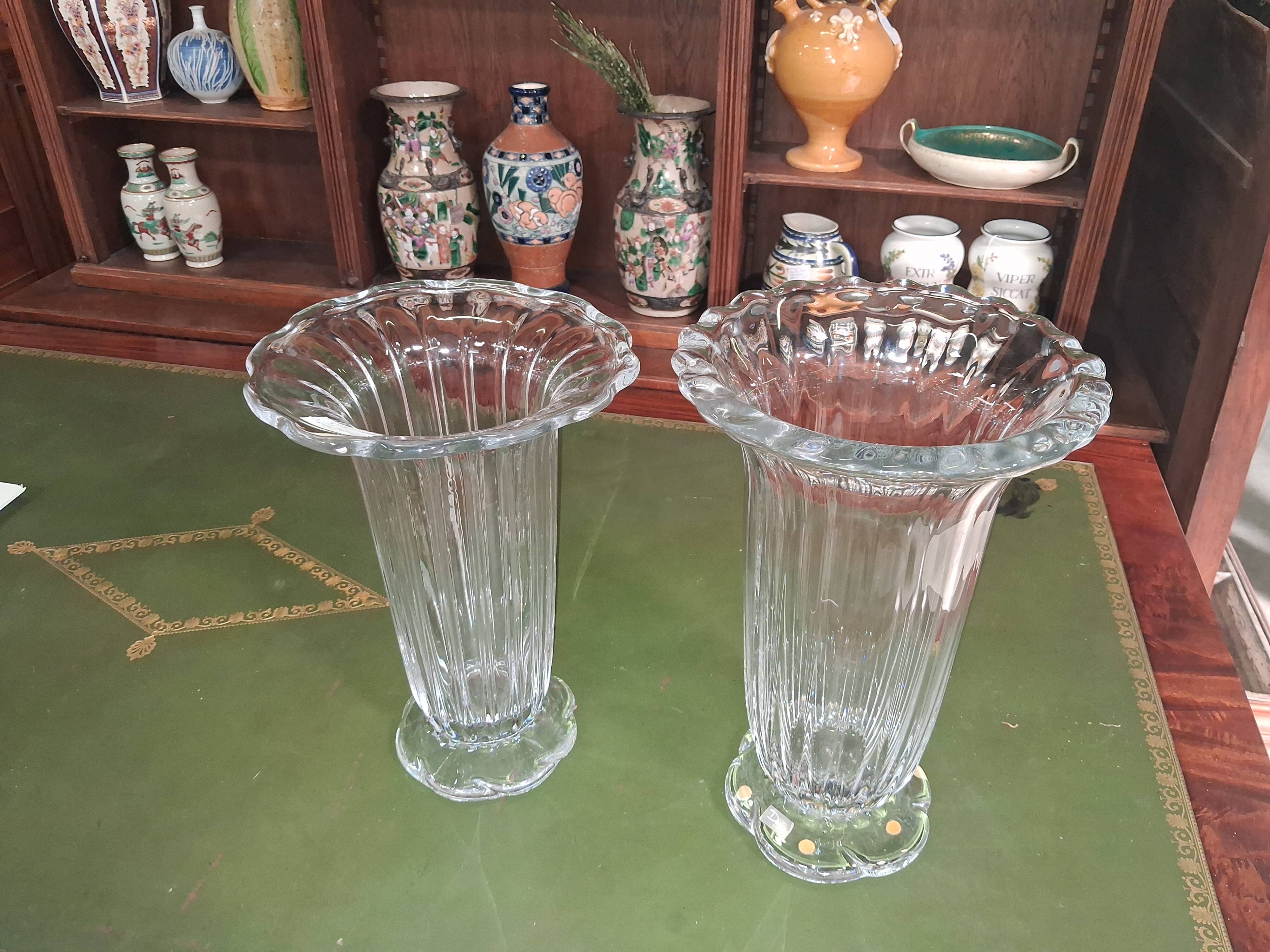 Pair of Daum France crystal cornets vases – Twisted ribbed model