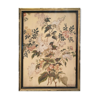 Moras tapestry element painting woven in 1850 with pink floral motifs on frame