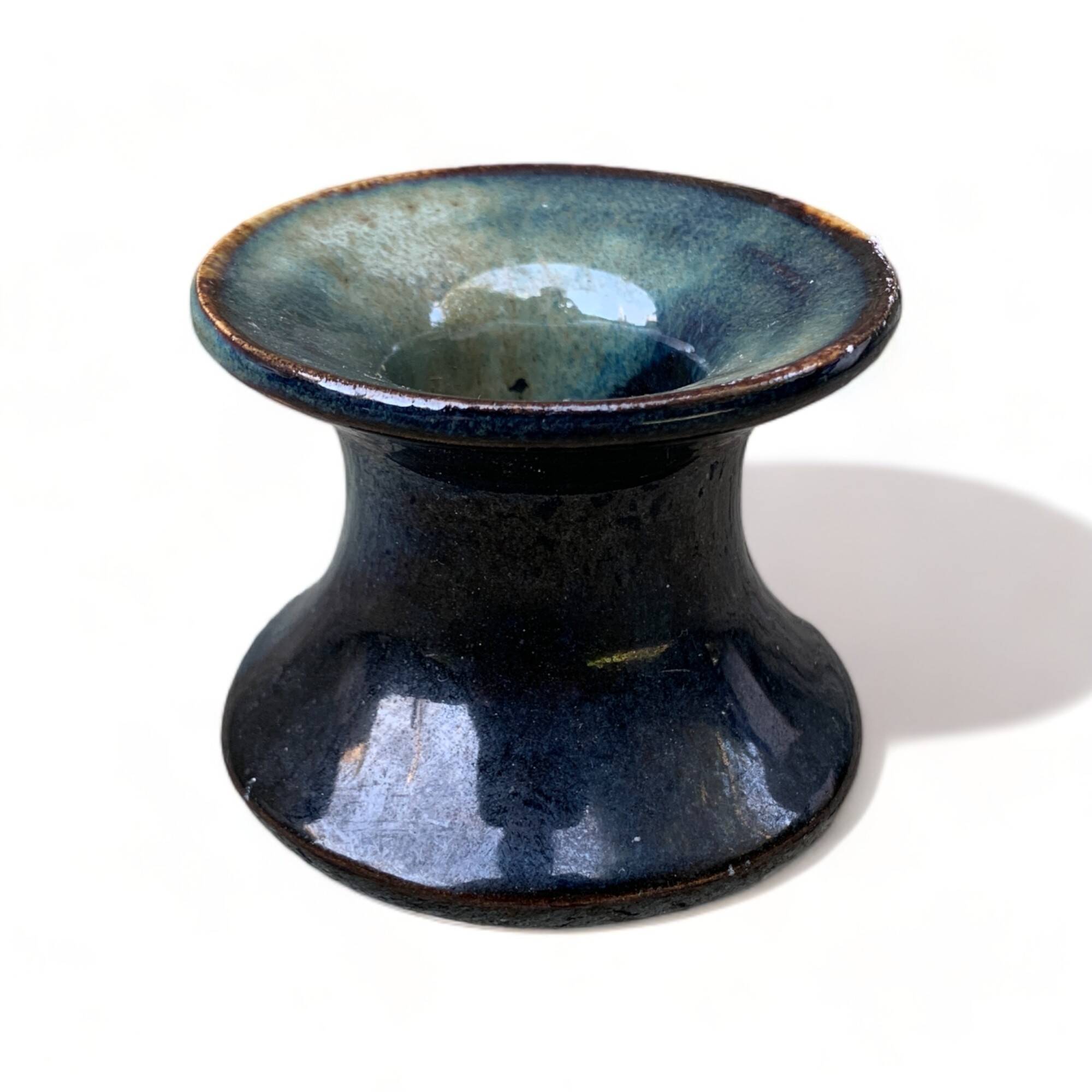 Small 6cm candle holder signed MY enameled ceramic art from France vintage old