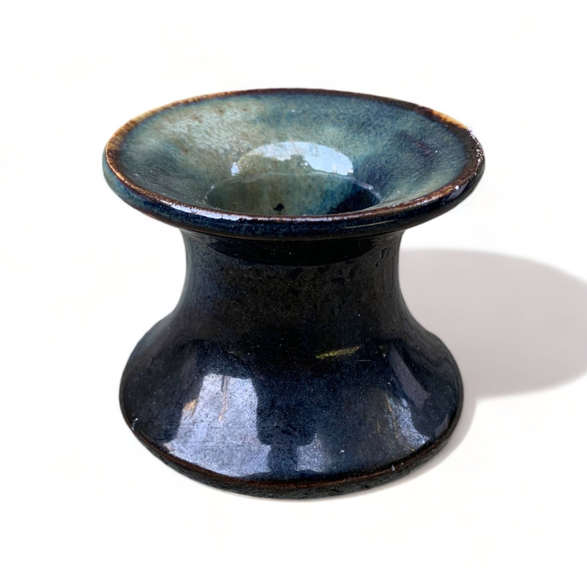 Small 6cm candle holder signed MY enameled ceramic art from France vintage old