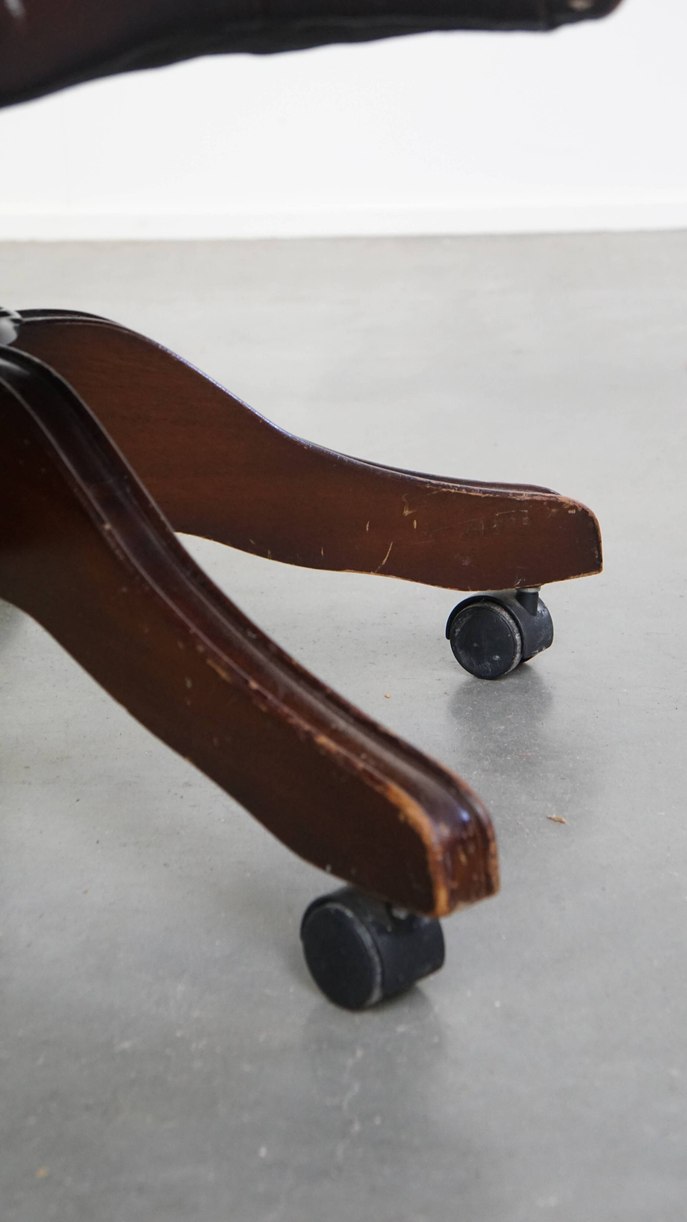 Chesterfield Office Chair on Wheels in Dark Brown Cowhide Leather
