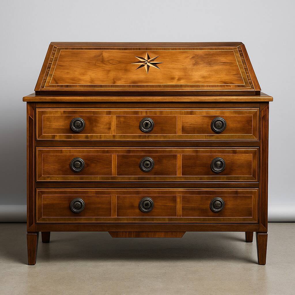 Commode scribanne from the Louis XVI period in walnut burl with marquetry decoration.