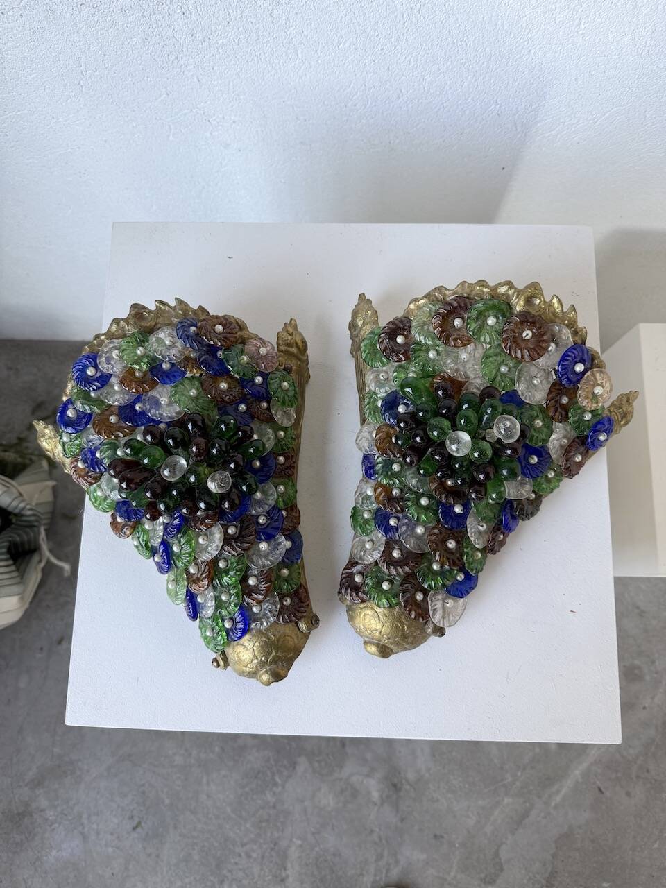 Pair of Art Nouveau bronze and Murano glass wall lights