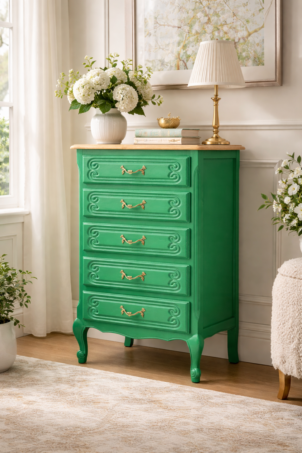 Vintage green oak chest of drawers from the 1960s.