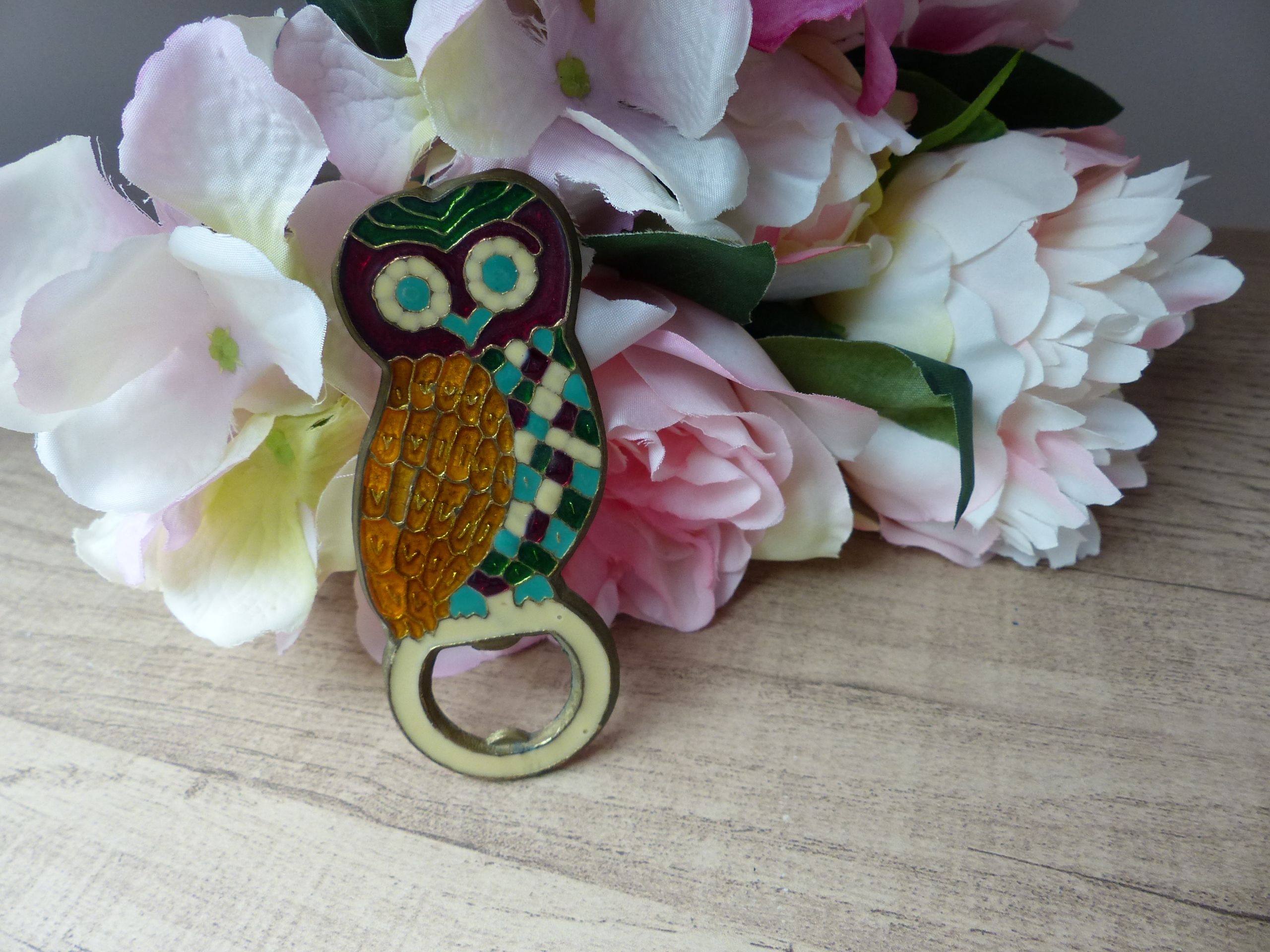 Vintage enamelled brass bottle opener 1970s Bar accessory bottle opener Owl bottle opener