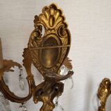 Pair of antique 2-light wall sconces in bronze with crystal pendants, Spain.