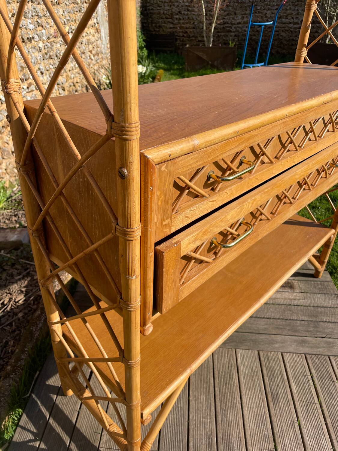 Vintage 1960s rattan and oak shelf by Louis Sognot