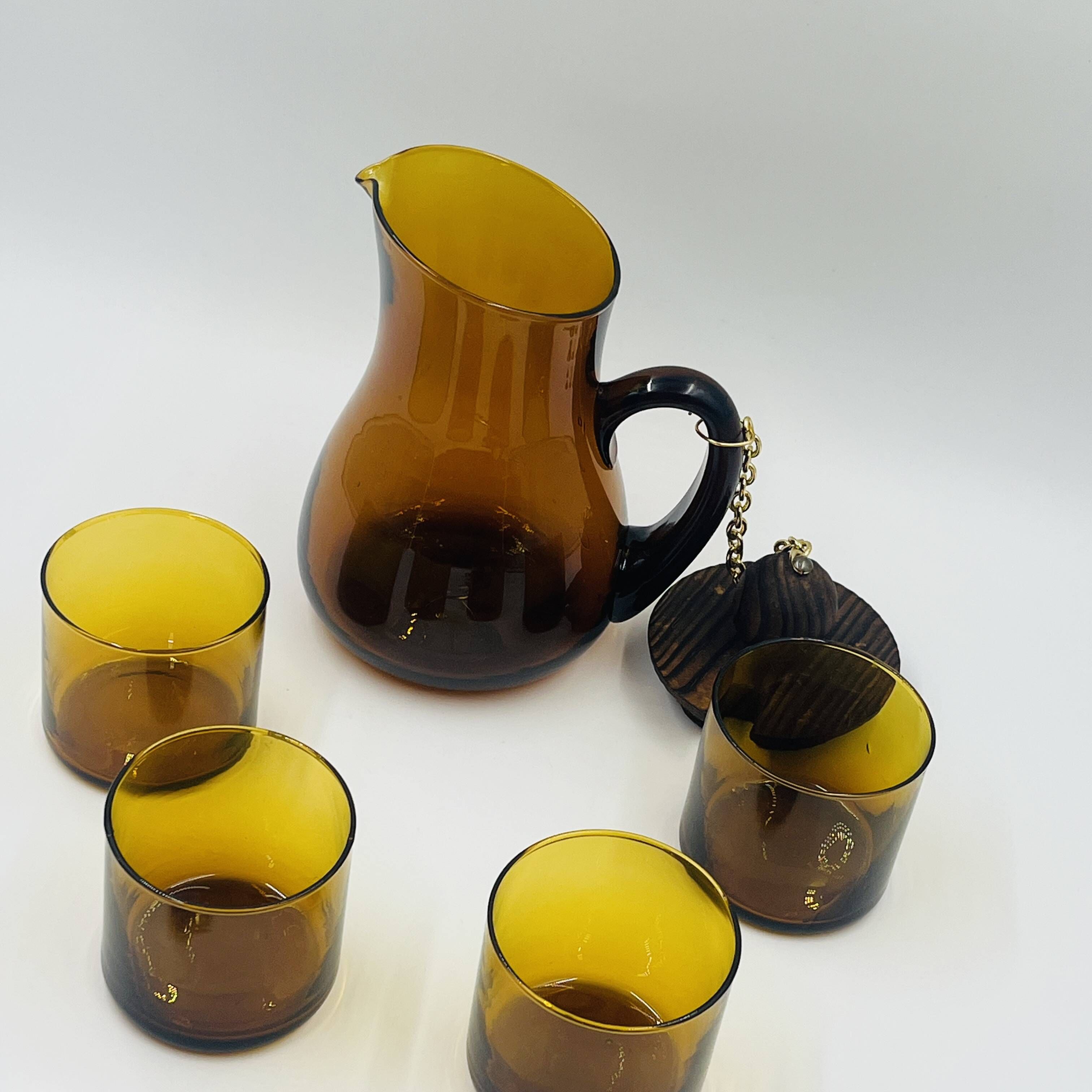Vintage Sangria Service in Amber Glass and Wood