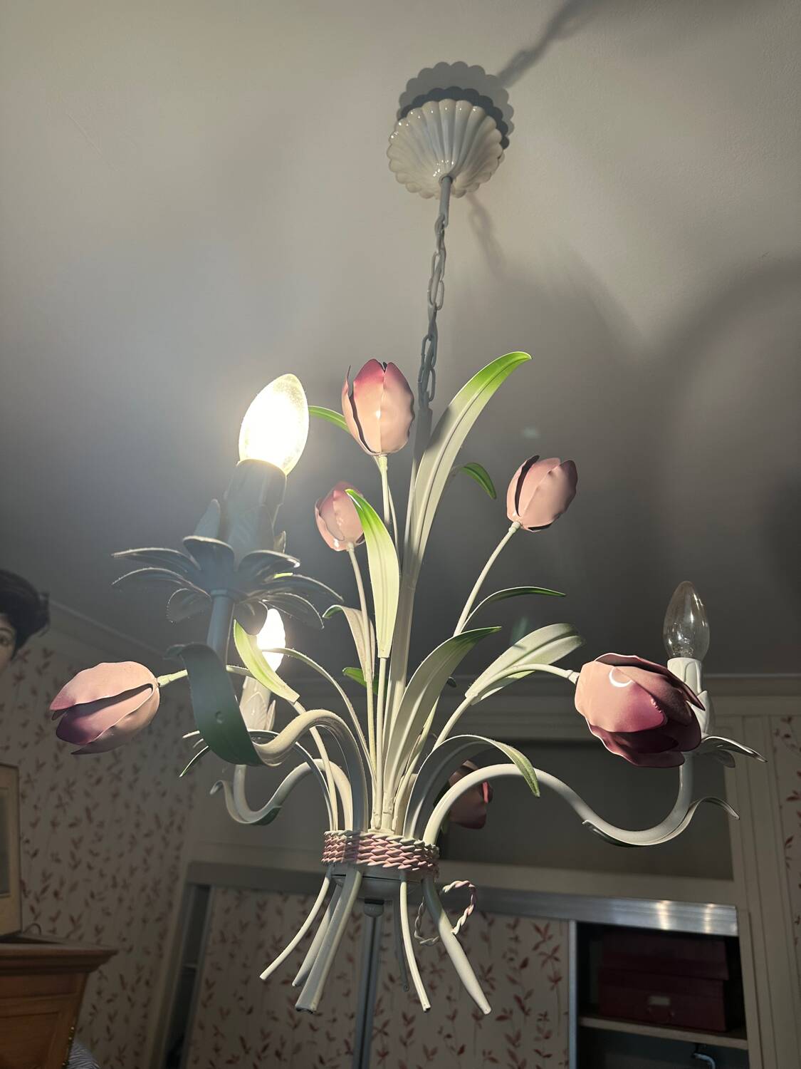 Lustre Vintage en fer forgé - Bouquet de tulipes