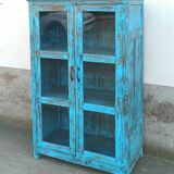 Armoire vitrée en bois ancien bleu