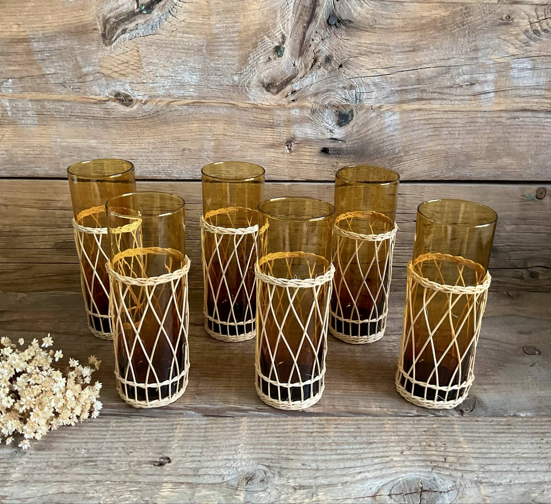 6 amber long drink glasses with wicker