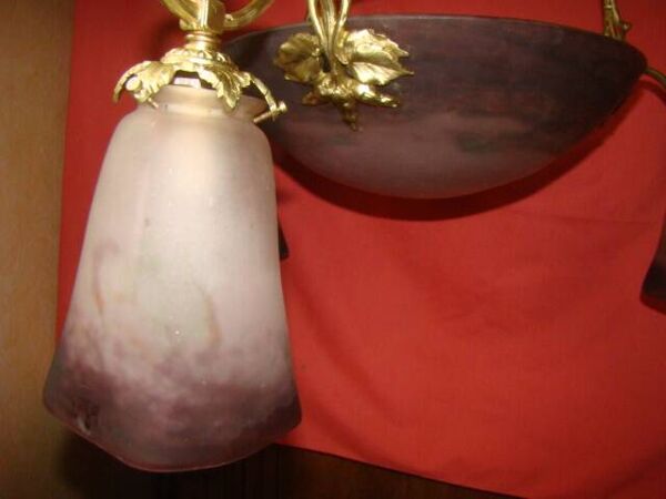 lustre en pâte de verre 1 coupe et 3 tulipes signées ''Degué'' ép. Art-Déco