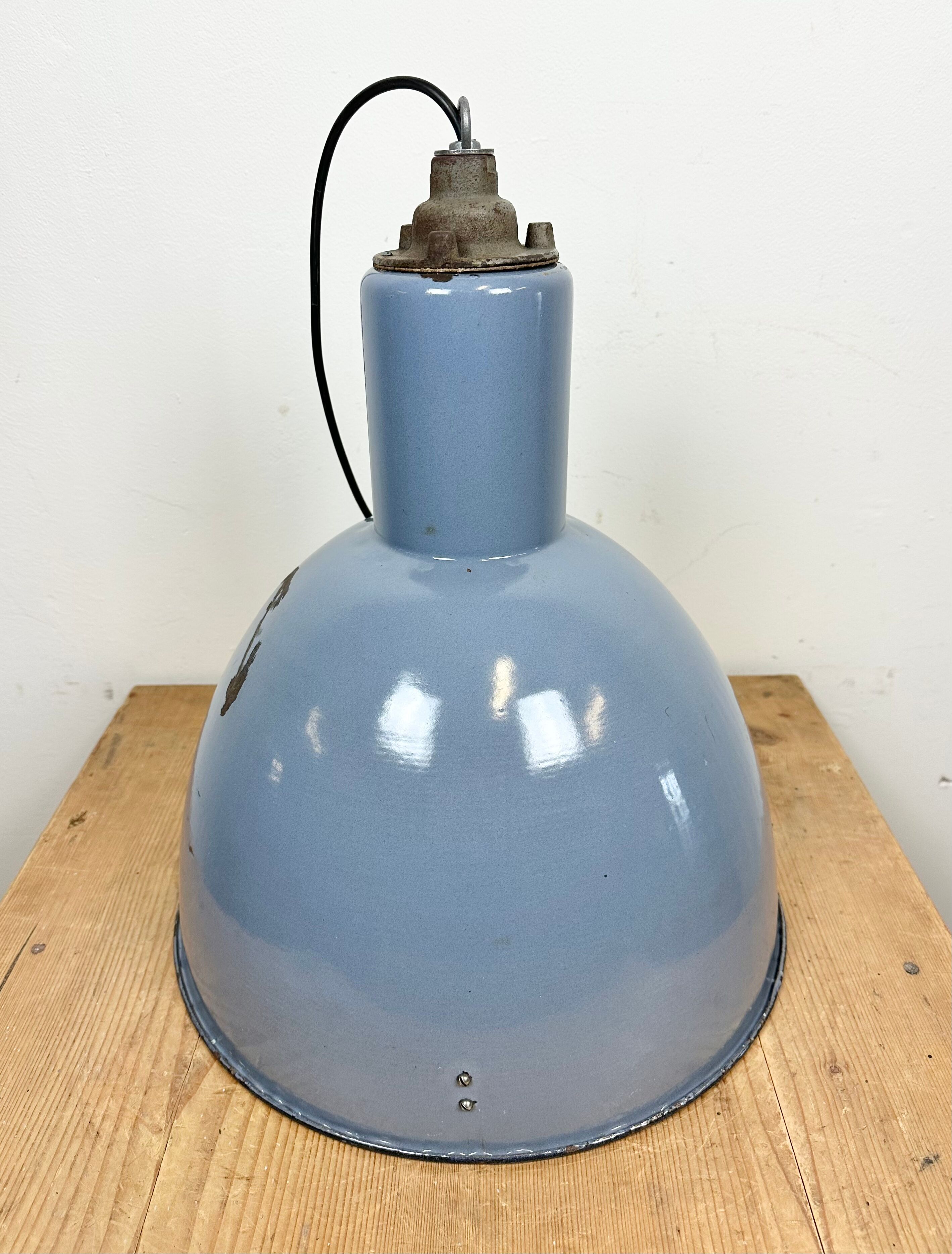 Bauhaus blue enamel industrial pendant lamp, 1950s