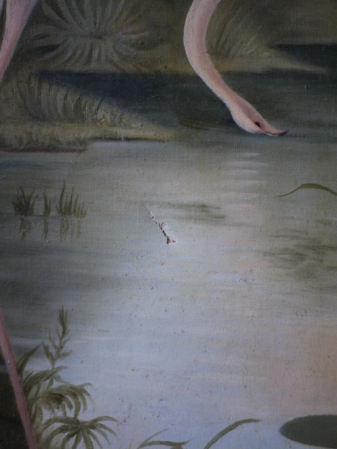 Ancienne huile sur toile encadrée, "Flamands roses"