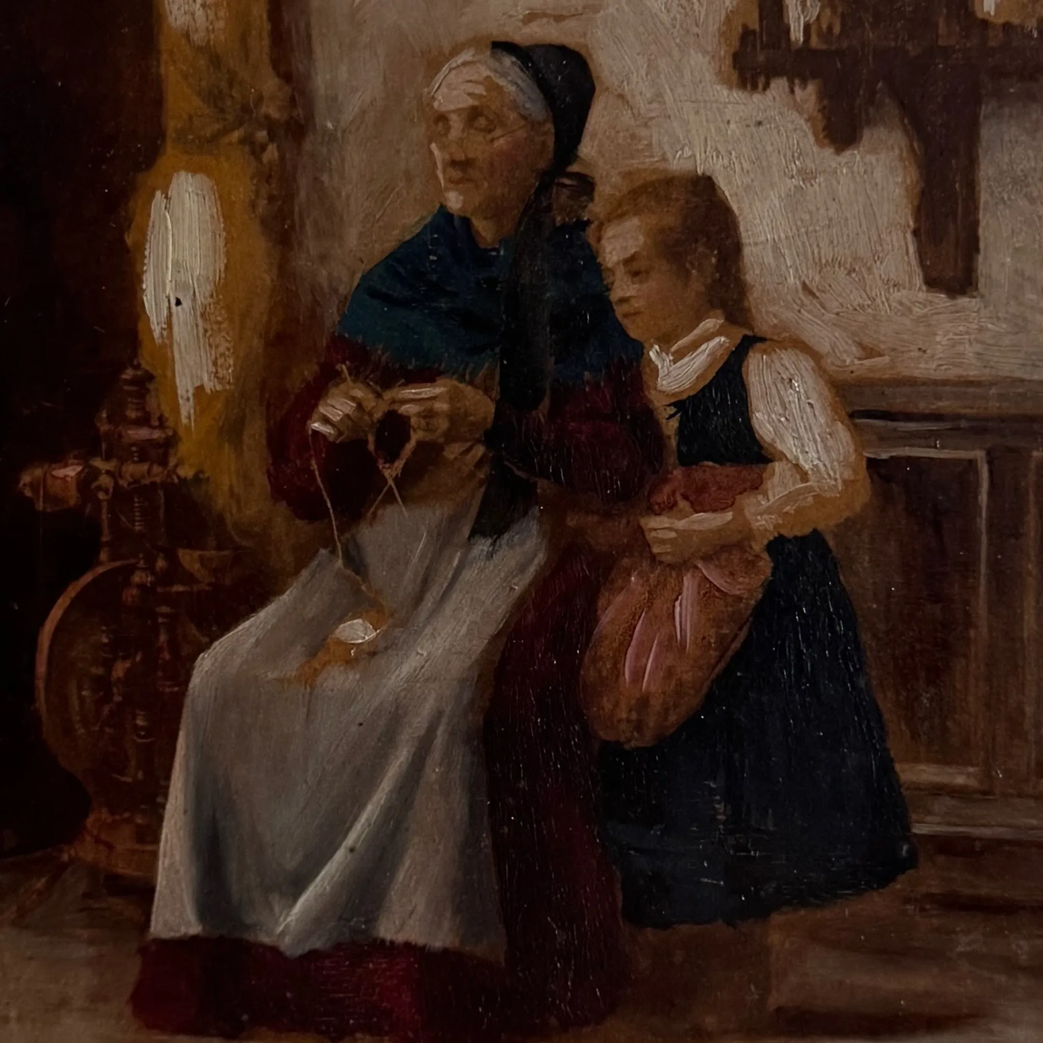 Oil on panel enhanced Breton interior scene