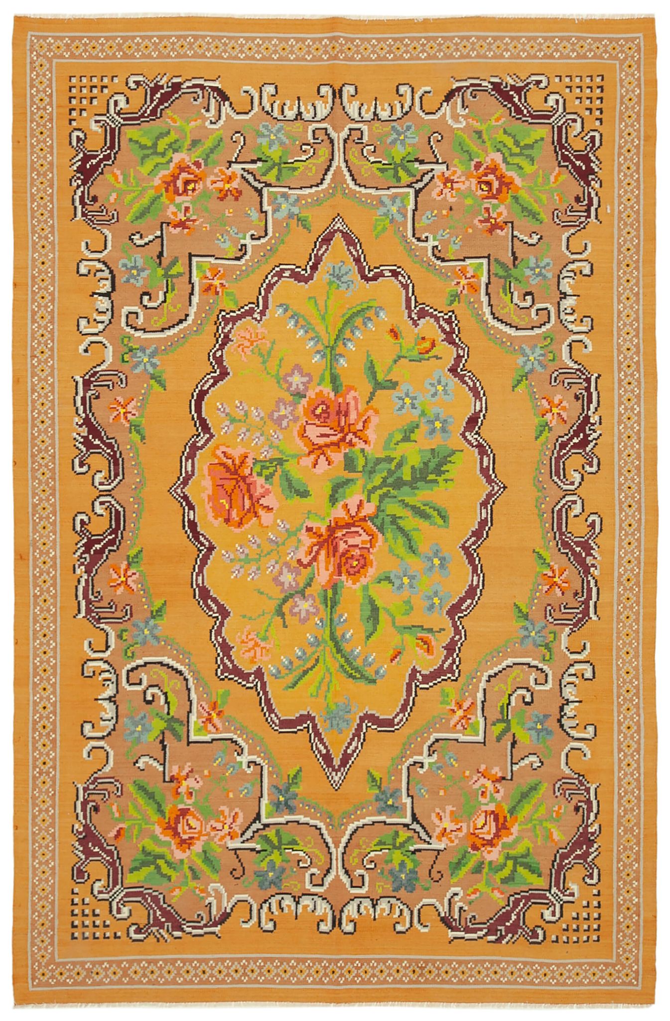 Handmade Vintage Moldovan Yellow Kilim 200 cm x 300 cm