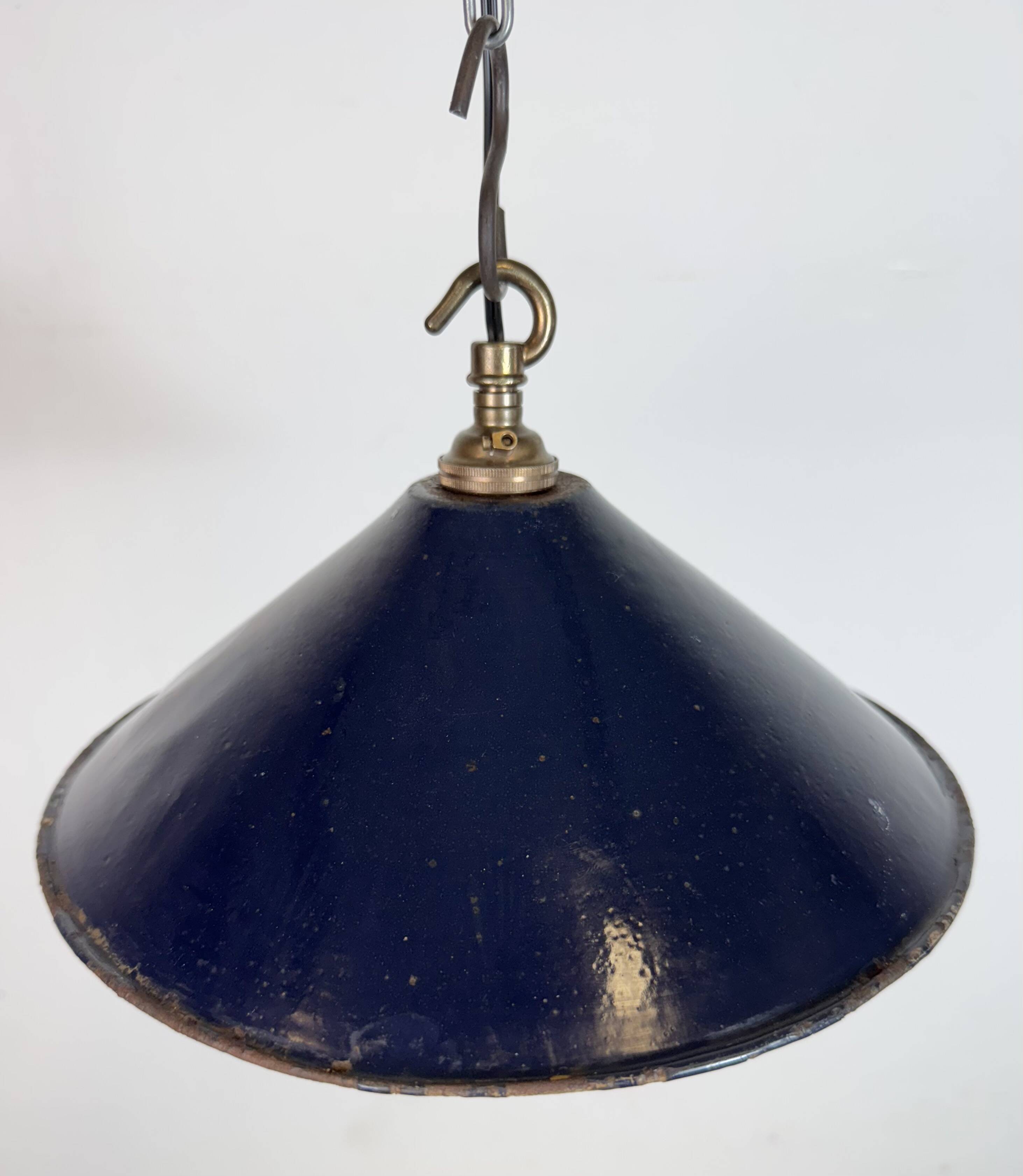 Industrial British Dark Blue Enamel Factory Pendant Lamp, 1950s