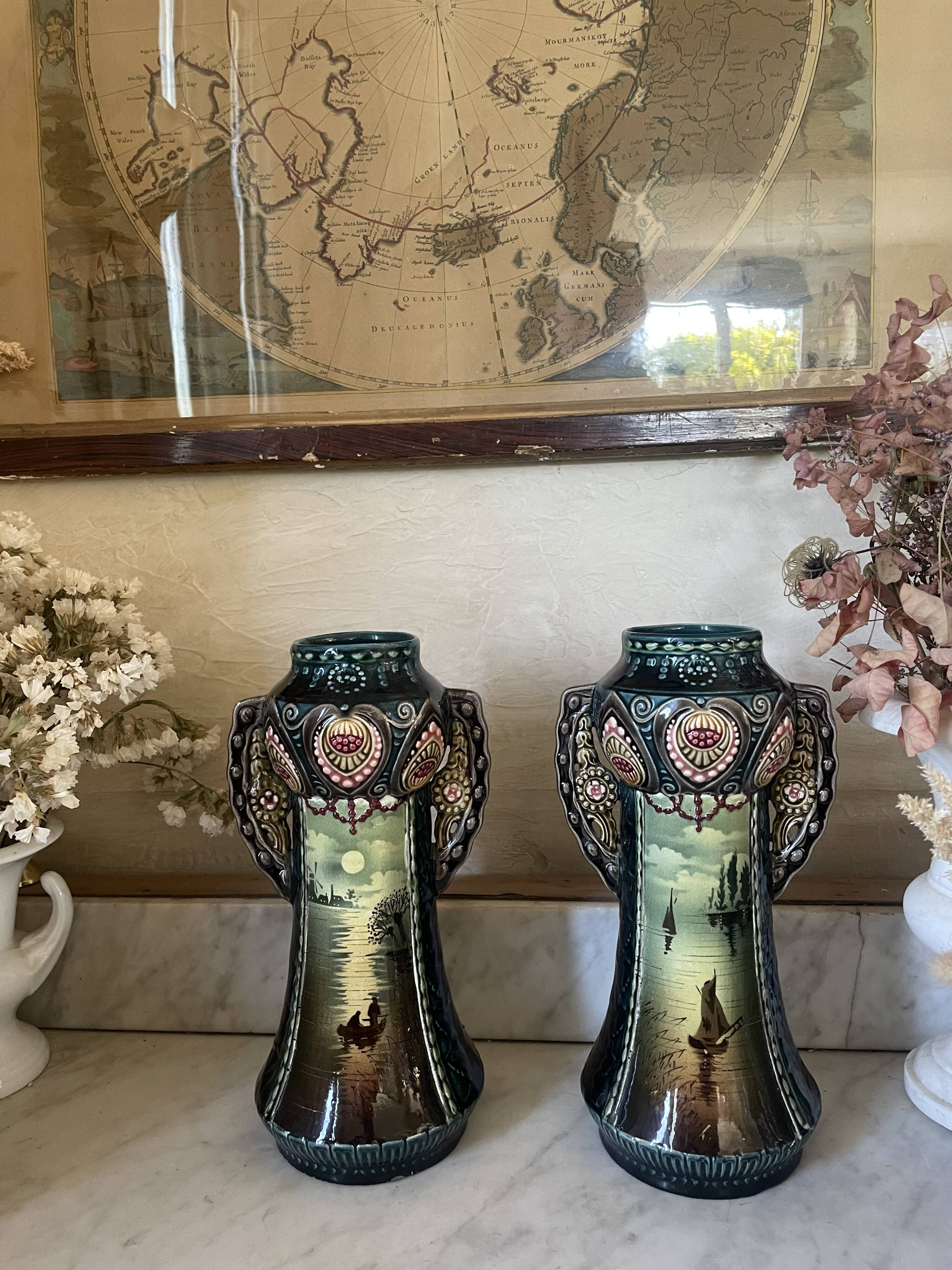Pair of Art Nouveau slipware vases, hand-painted decoration.