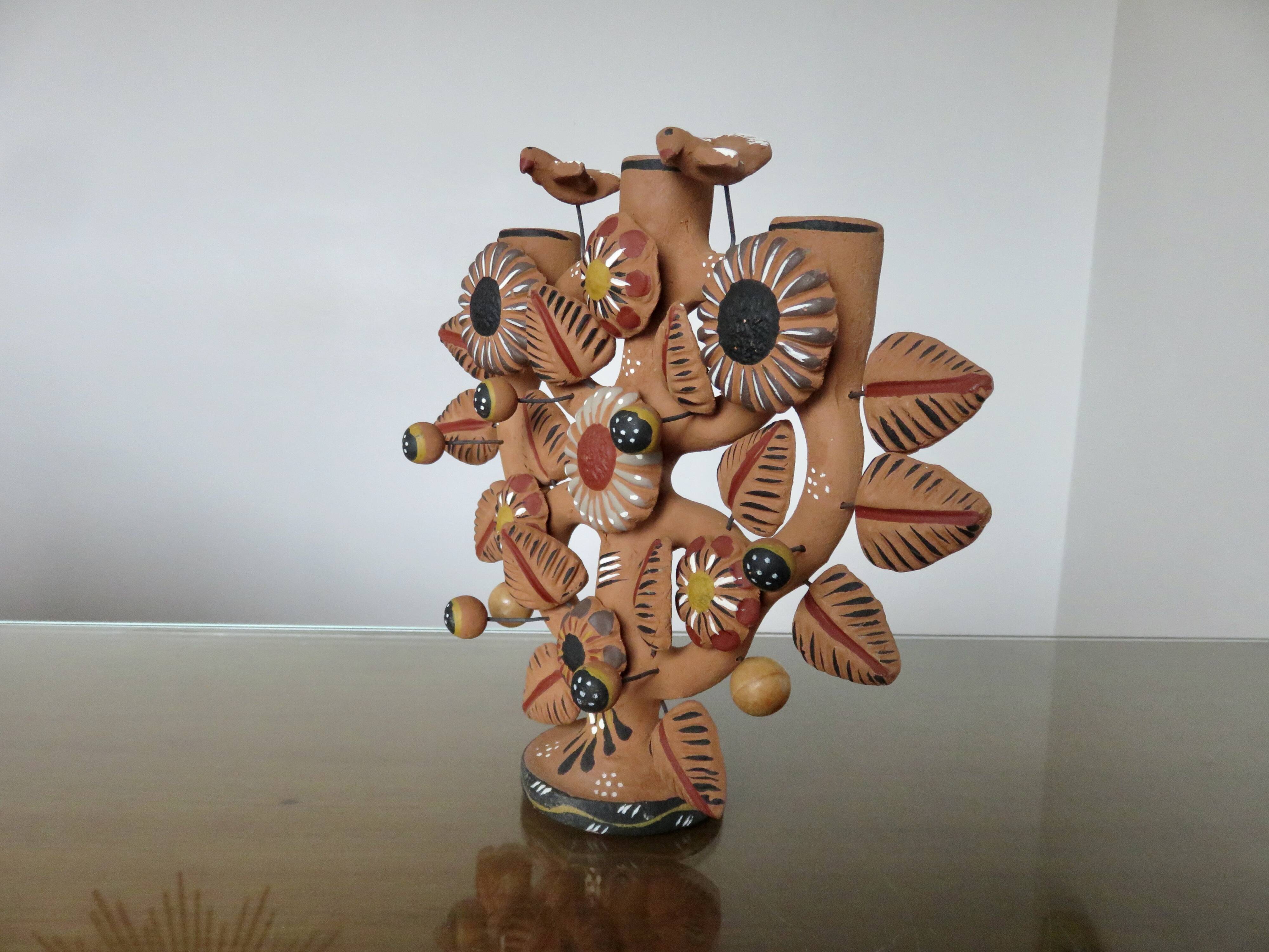 Chandelier, Mexican candlestick "tree of life" terracotta, 1970