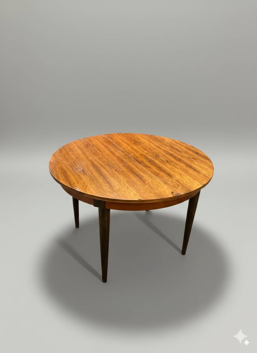 Vintage extendable round table in rosewood veneer – Ø110 cm