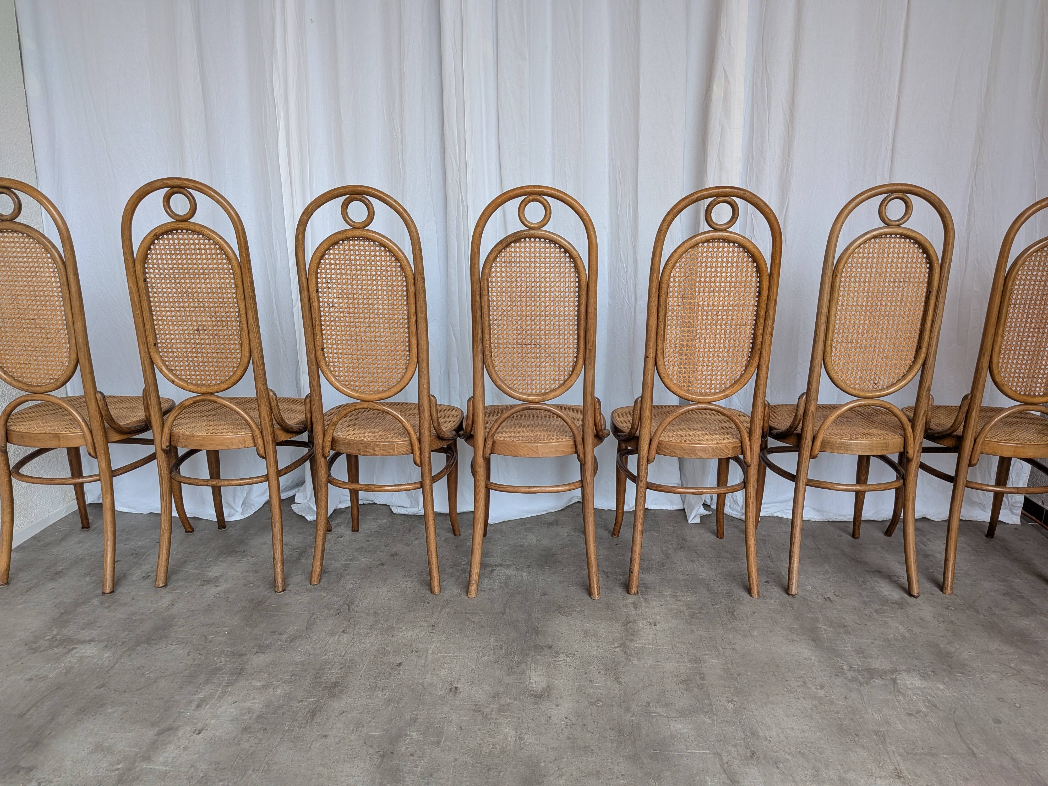 Set of 8 Vintage Bentwood Cane Dining Chair, Thonet Style, 1970s Yugoslavia