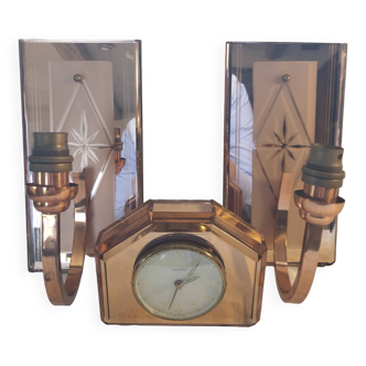 Two wall lights and matching alarm clock in rose mirrored glass