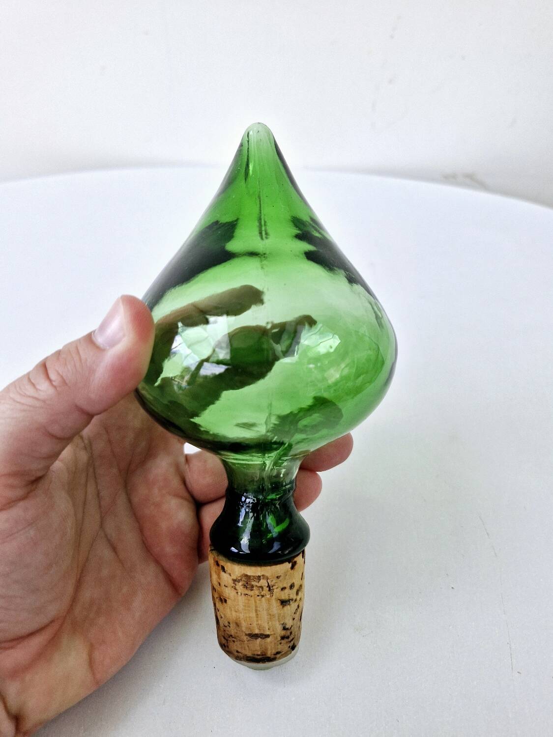 Vintage Green Empoli Italian Glass Carafe With Fleur De Lys Seal Stopper