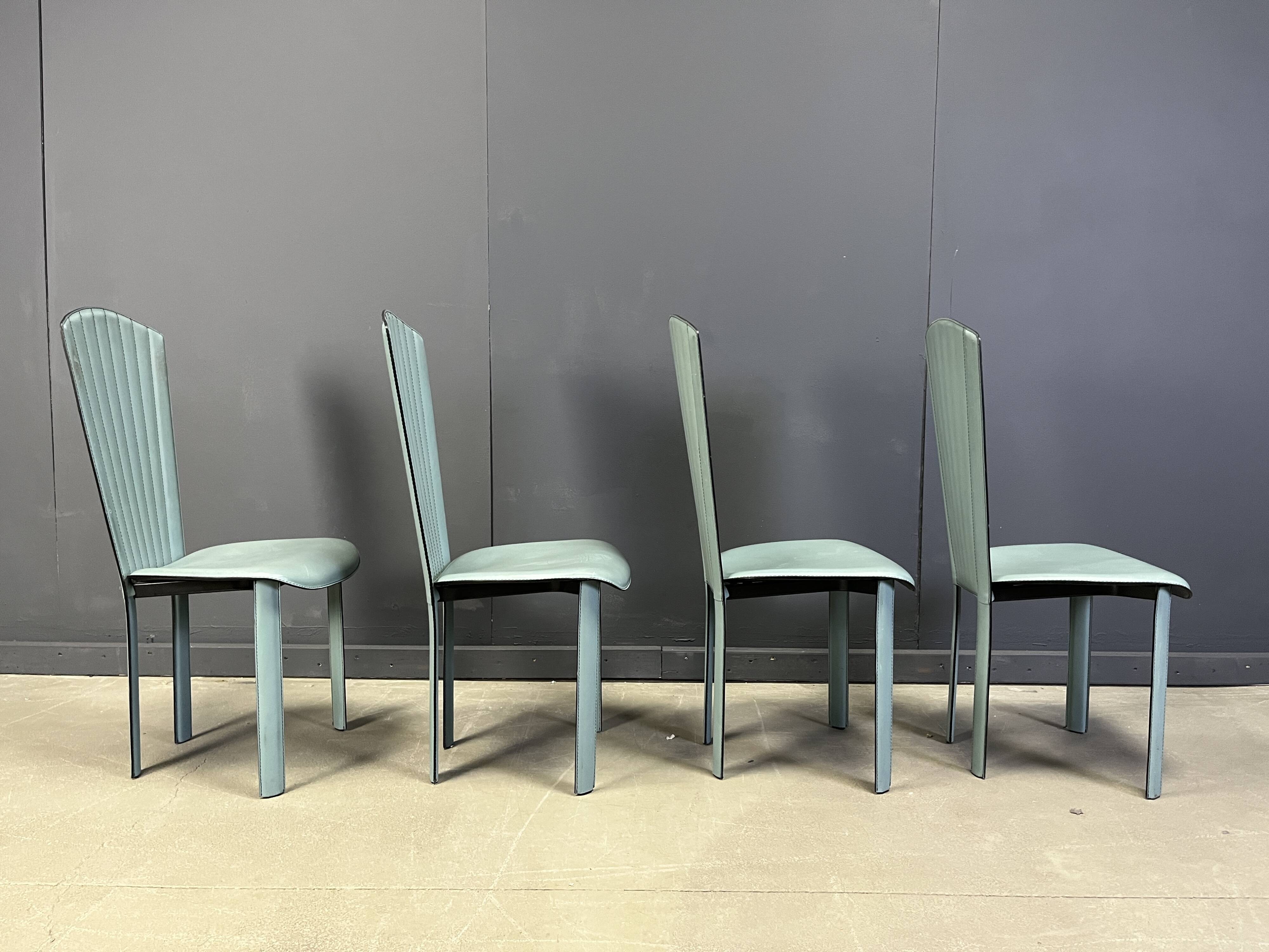 Postmodern green leather dining chairs, 1980s