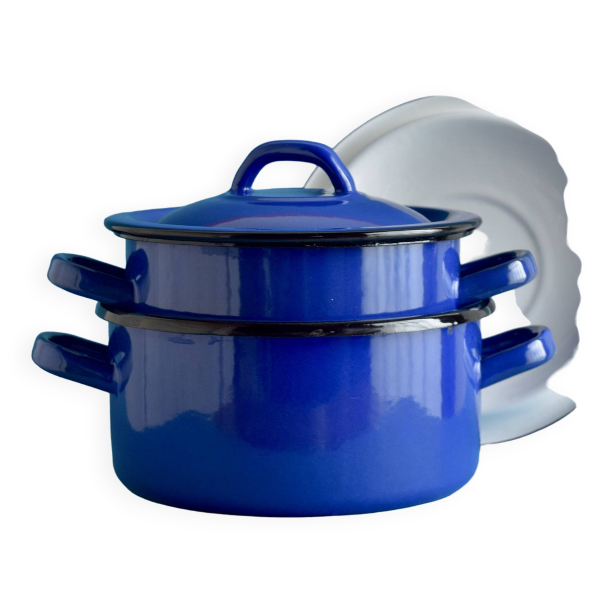 Paire de petites casseroles vintage en tôle émaillée bleues