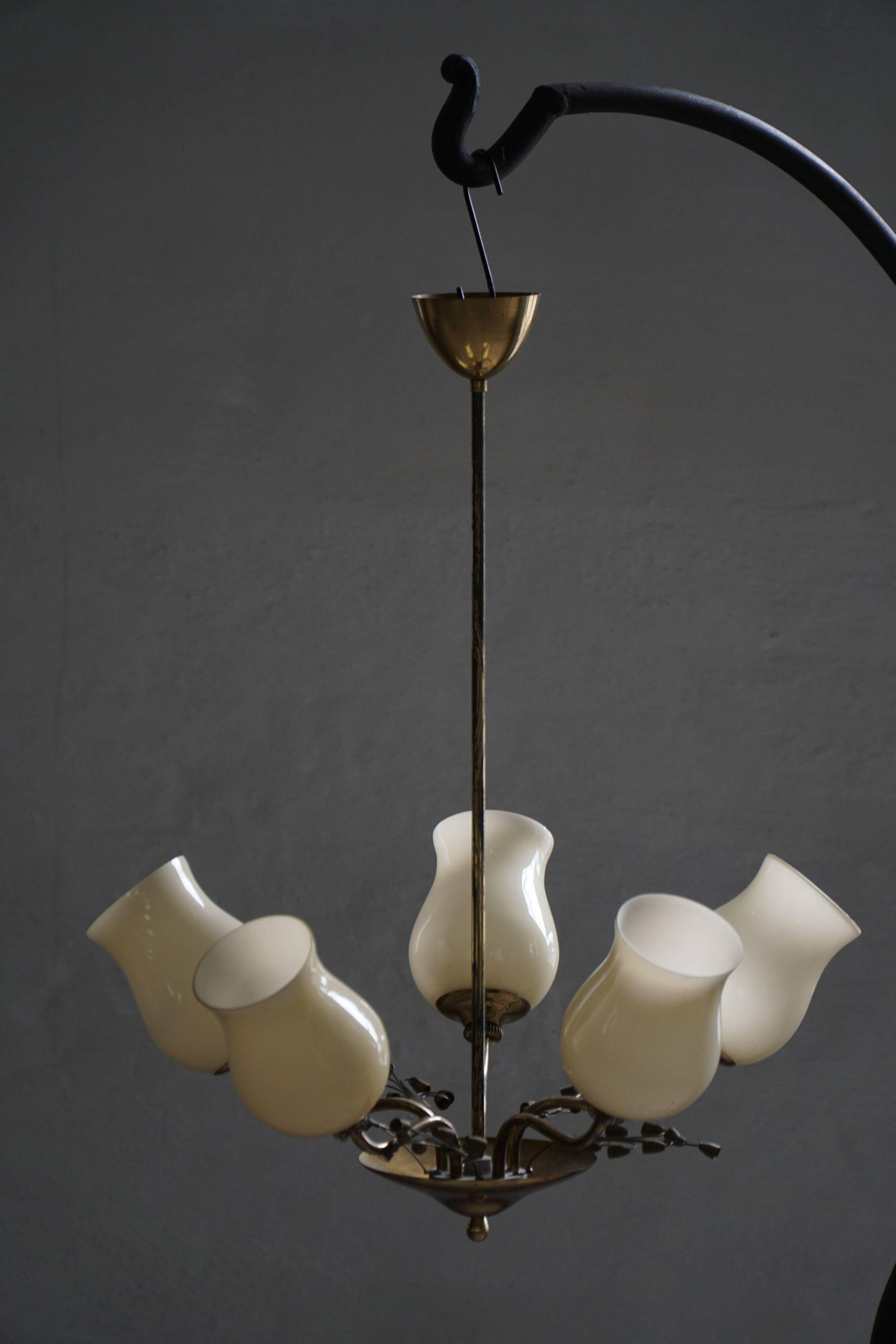 Brass and glass chandelier, Lisa Johansson-Pape for Stockmann, Finland, 1940s.