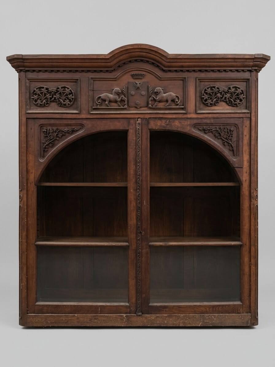 Ancien meuble bibliothèque de château decor blason lion