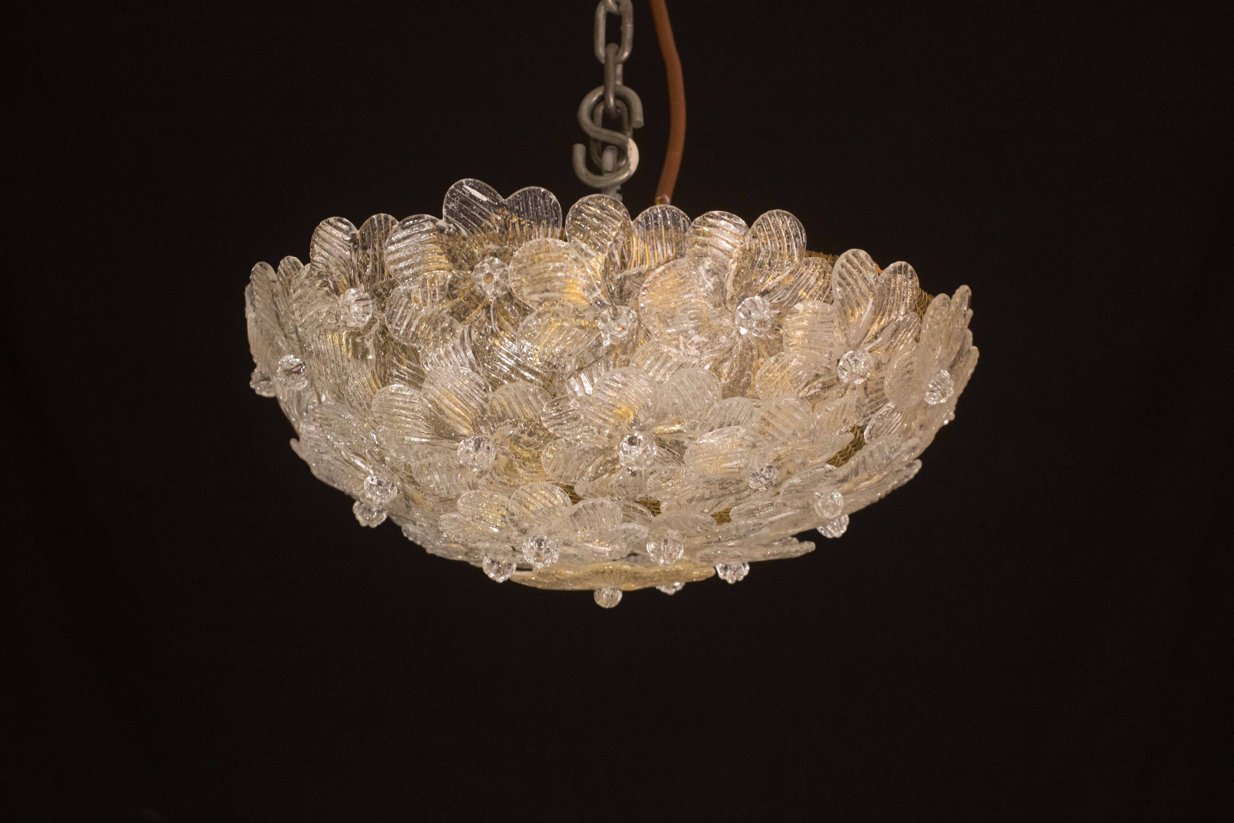 Elegant Murano Ceiling Light Gold and Trasparent Flower by Seguso for Venin