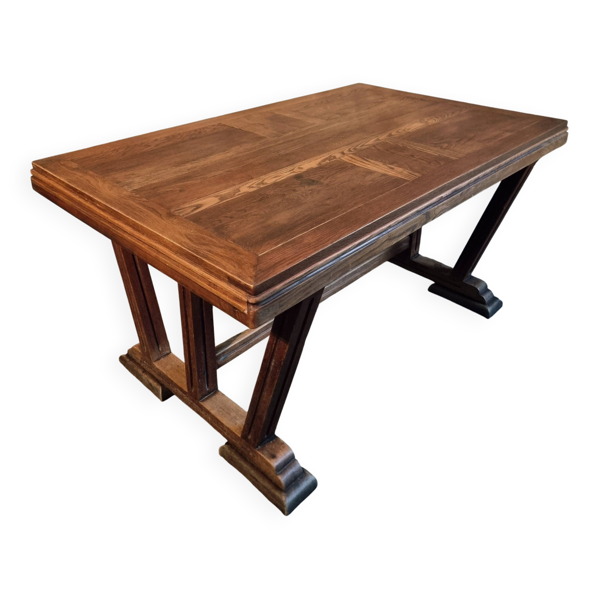 French vintage table in solid oak, Arts & Crafts style, 1930s–1940s.