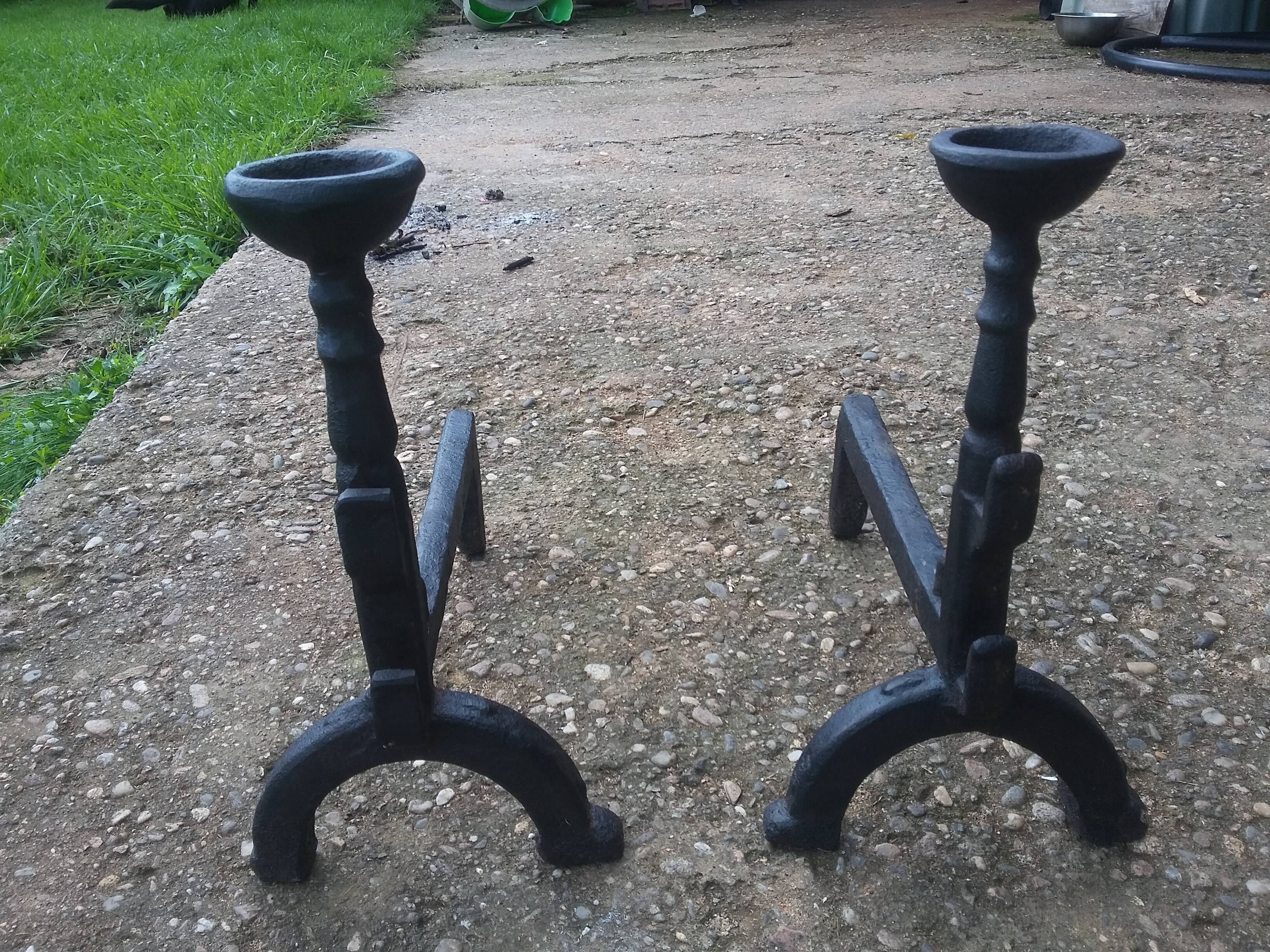 Pair of Small Fireplace Andirons with Bowls
