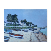 Hst painting "beach with boats" marine normandy brittany by robert leboucher