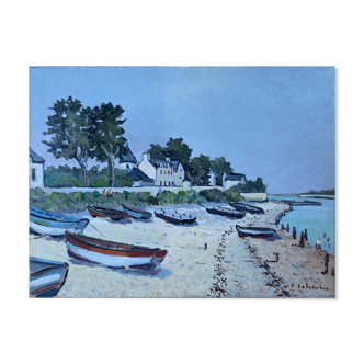 Hst painting "beach with boats" marine normandy brittany by robert leboucher