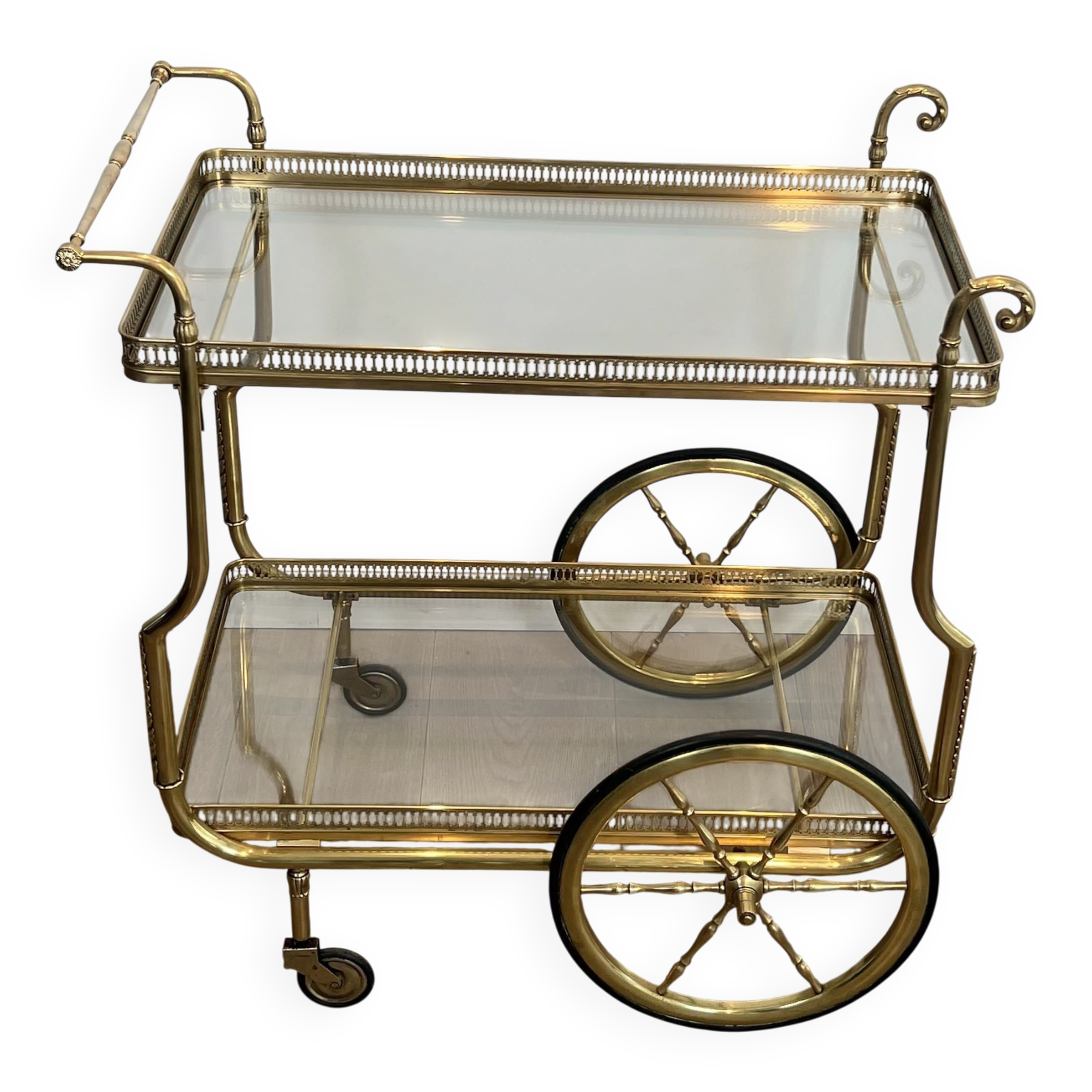 Rolling Table with Large Brass and Glass Wheels, Maison Jansen, Circa 1940