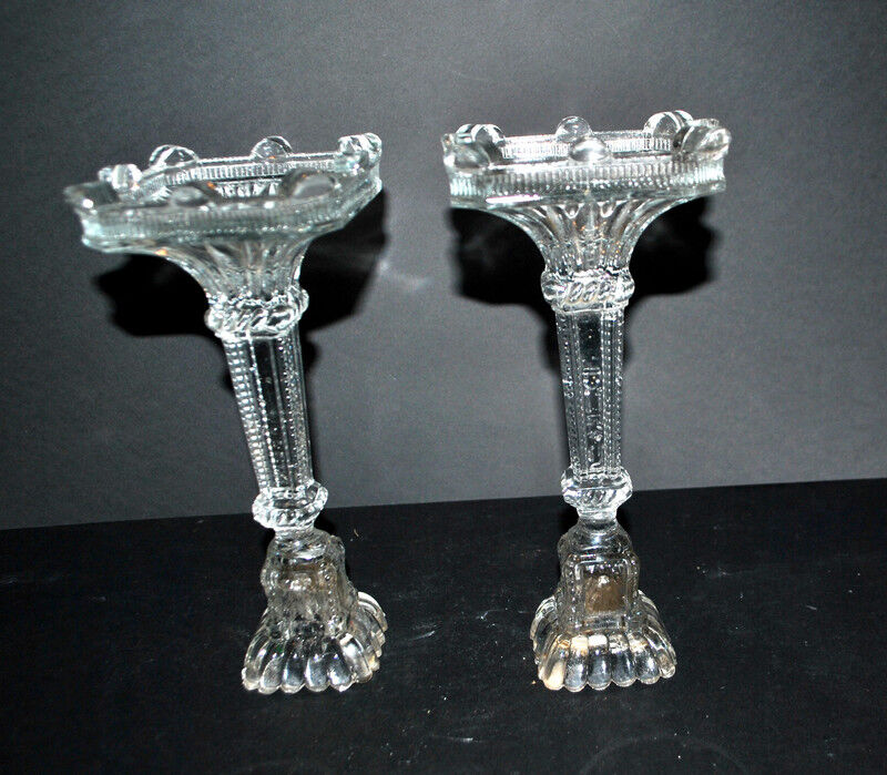 Set of 2 Egyptian-decorated candlesticks, Vallerysthal glassware, 1900