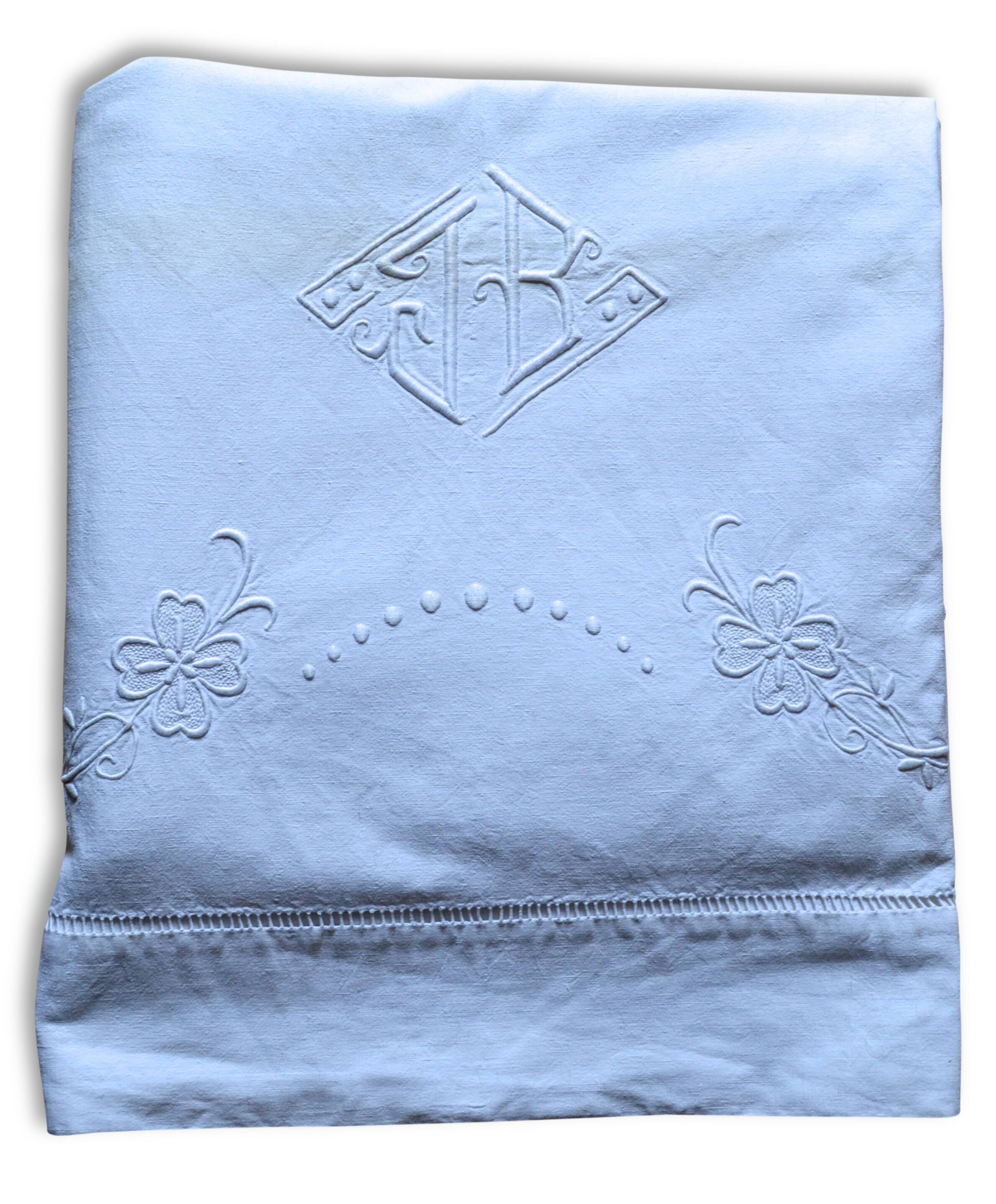 Old linen dish cloth, embroidered Monogram "JB"