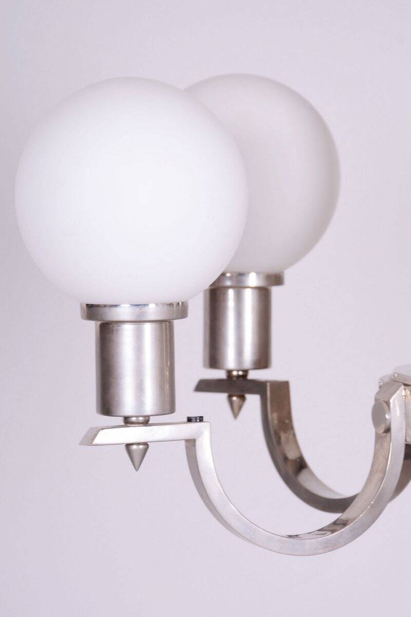 Art Deco Chandelier in Nickel, Steel and Opaline Glass, Czech, 1920s