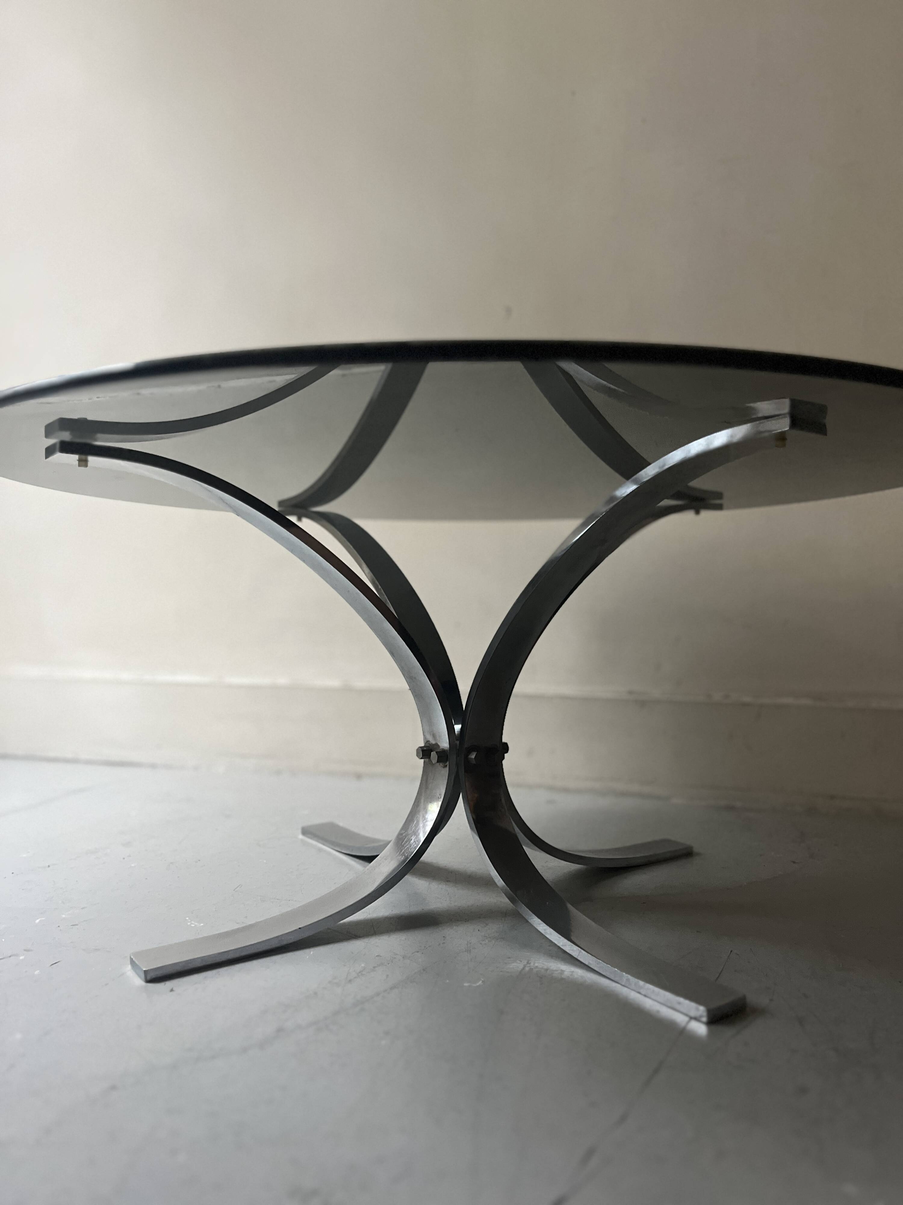 tulip coffee table in chromed metal and smoked glass, 1970s design