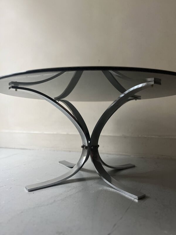 table basse tulipe en métal chromé et verre fumé, design 1970