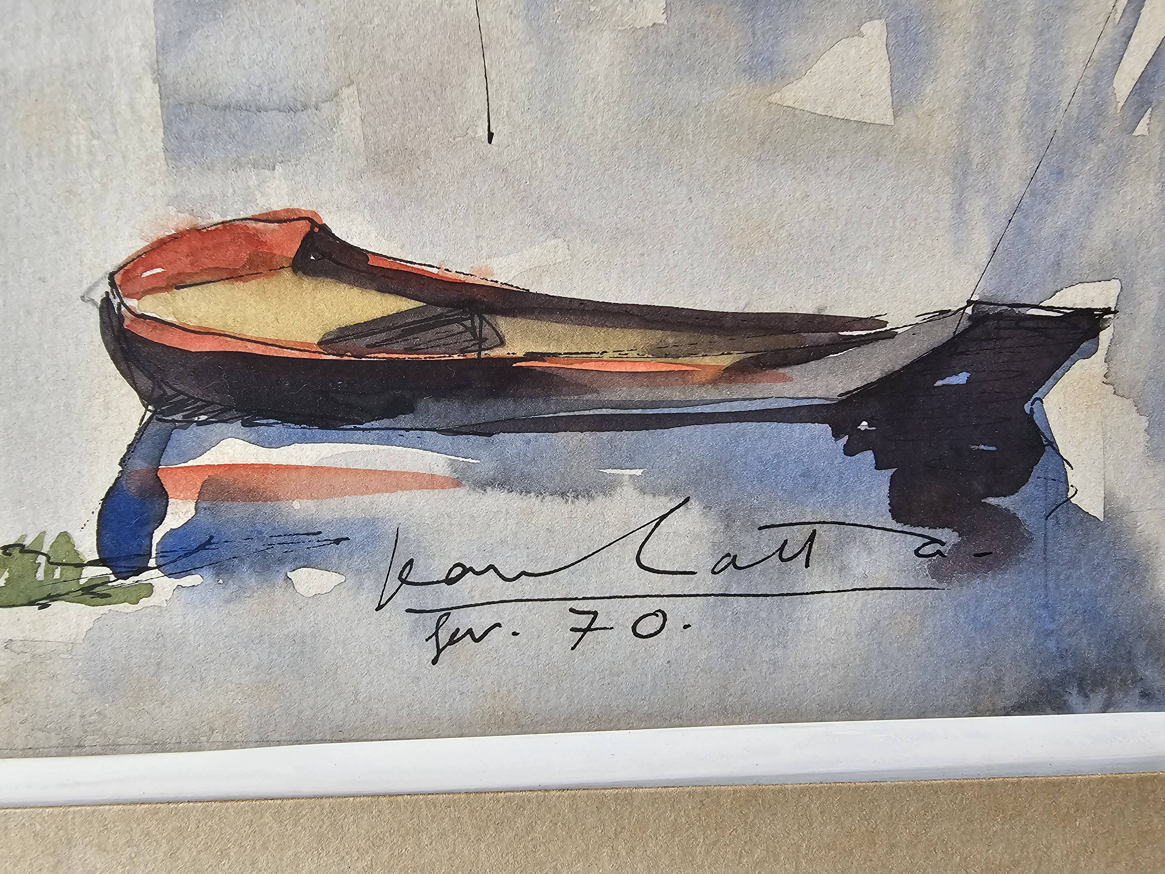 Watercolor on cardboard frame, canal view, signed Jean. Signature to be identified.