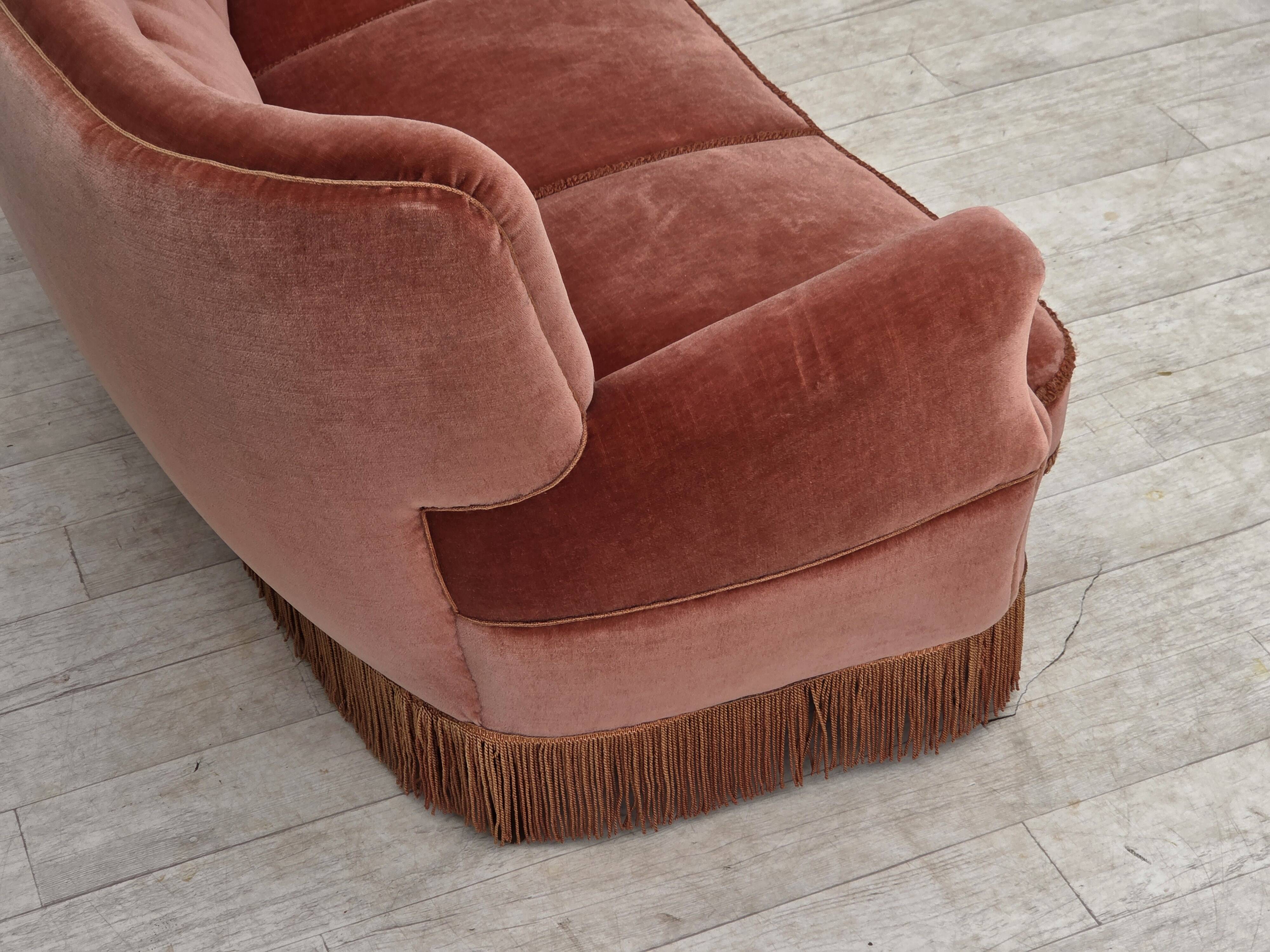1970s, 3-seater Danish curved sofa, pink furniture velour.