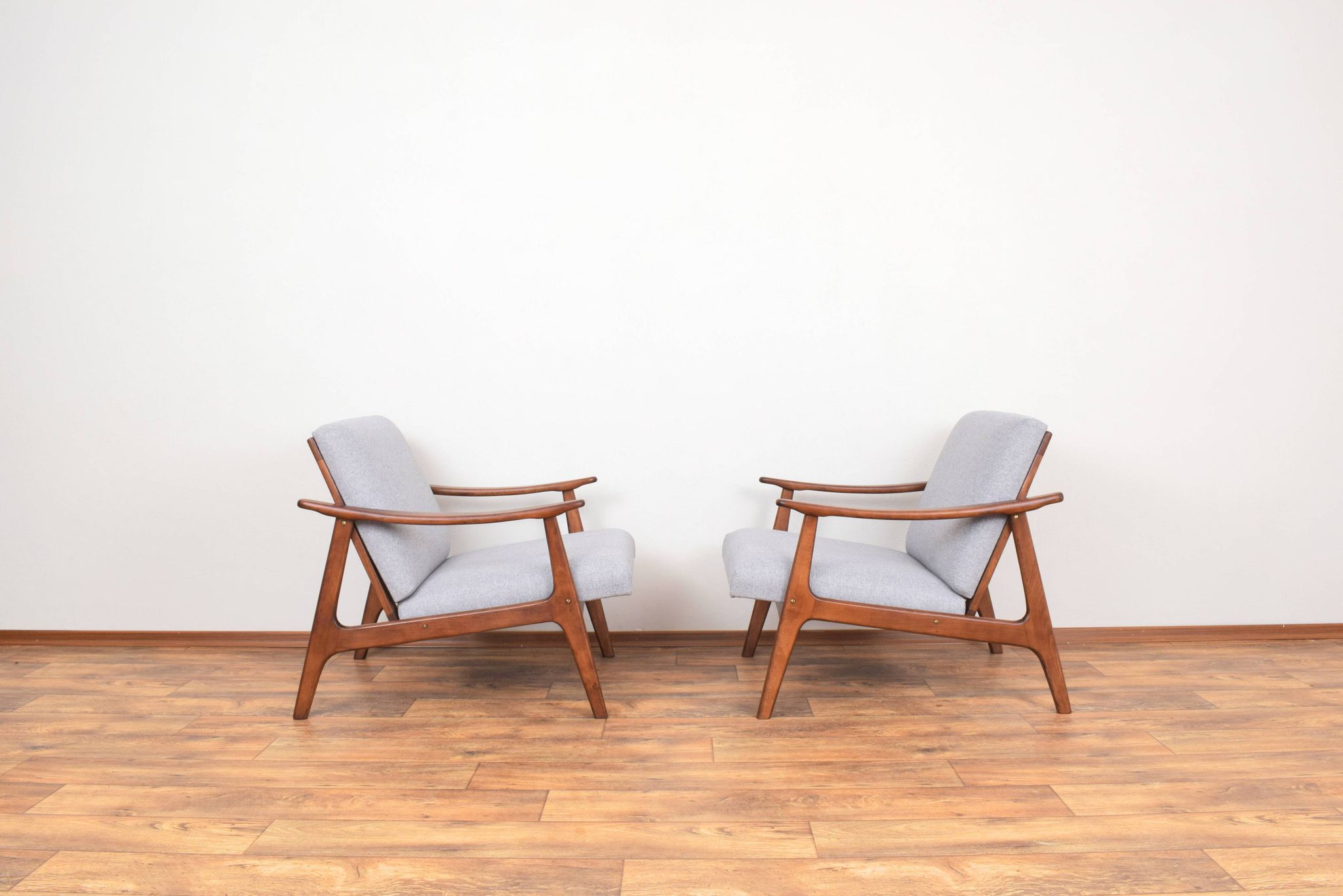 Mid-Century Pair of Polish Armchairs and Walnut Cabinet, 1960s, Set of 3.