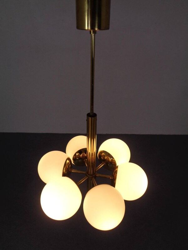 Sputnik Brass and Glass Ceiling Chandelier from Kaiser Idell / Kaiser Leuchten, Germany, 1960s